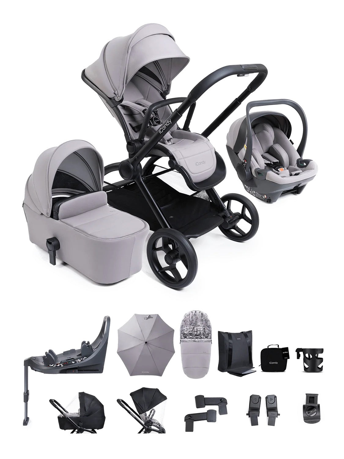 Core 2 Story Grey Pushchair and Carrycot - Complete 360 Car Seat Bundle